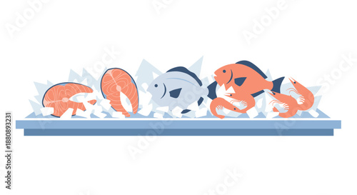 A vibrant illustration showcases a fresh seafood display with various fish and salmon fillets arranged on ice, perfect for grocery store promotions.