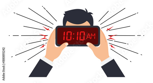 alarm clock ringing early morning a person holding a digital timepiece showing ten ten am symbolizing urgency deadline and daily routine.