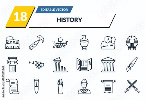 history icons set - colosseum, ancient weapon, viking ship, paper, swords outline vector collection.
