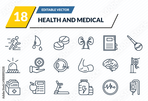 health and medical icons set - running, blood, pills, pulse, medical drip outline vector collection.
