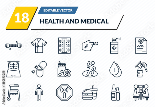 health and medical icons set - chest expander, patient robe, contraceptive pills, ampoule, optometrist outline vector collection.