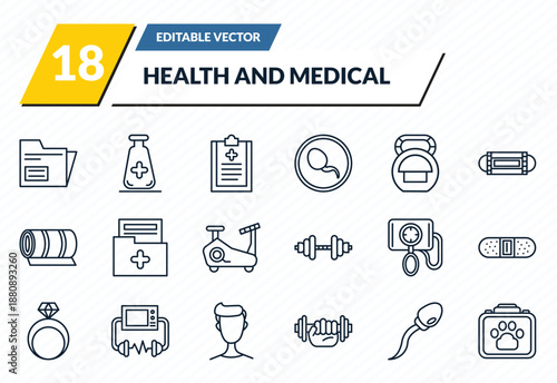 health and medical icons set - records, medical substance, medical checklist, sperm, veterinary outline vector collection.