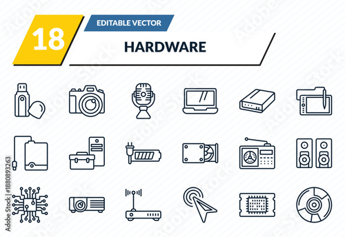 hardware icons set - pendrive with cover, big camera, radio mic, big processor, outline vector collection.