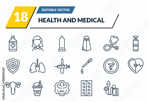 health and medical icons set - syrup, girl, condom, medical strip, sphygmomanometer outline vector collection.