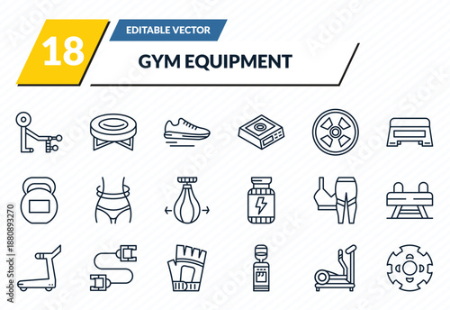 gym equipment icons set - fitness bench, jumping equipment, sneakers, elliptical, barrels outline vector collection.