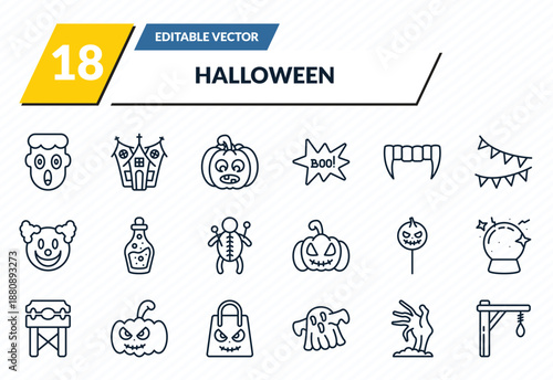 halloween icons set - fear, haunted house, pumpkins lantern, zombie hand, gallows outline vector collection.