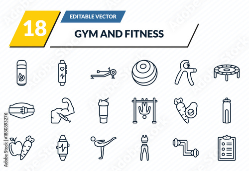 gym and fitness icons set - fitness drink, fitness bracelet, rowing hine, arms extender, to do list outline vector collection.