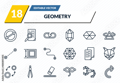geometry icons set - diameter, preview, break, polygonal scorpion, undo outline vector collection.