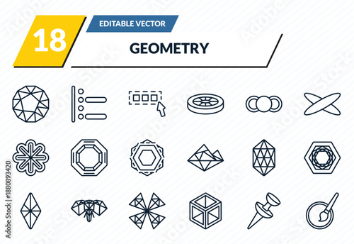 geometry icons set - dodecahedron, right align, select all, push pin, quick selection outline vector collection.