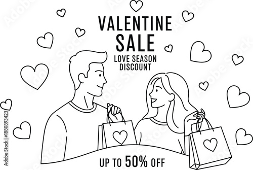 Happy couple holding shopping bags surrounded by hearts advertises a significant valentine sale discount up to fifty percent off for love season purchases