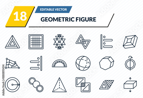 geometric figure icons set - triangle, grids, sri yantra, triangles couple, flatten outline vector collection.