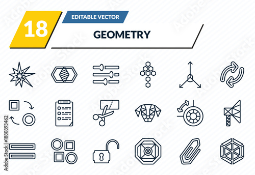 geometry icons set - explode, join, adjust, attach, polygonal hexagonal outline vector collection.