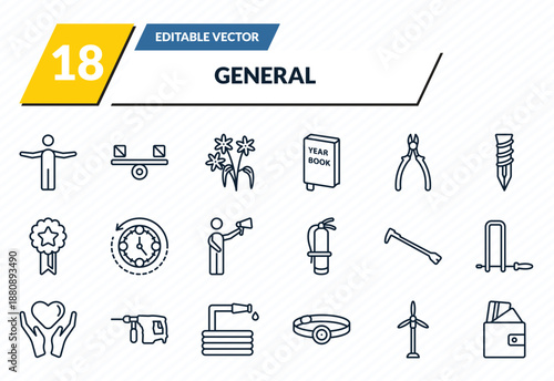 general icons set - man with open arms, balancer, daisy bouquet, renewable energy label, card wallet outline vector collection.