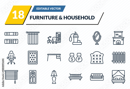 furniture & household icons set - cabinet, shower curtain, livingroom, couch, canopy bed outline vector collection.