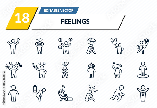 feelings icons set - accomplished human, shocked human, positive human, ready special outline vector collection.