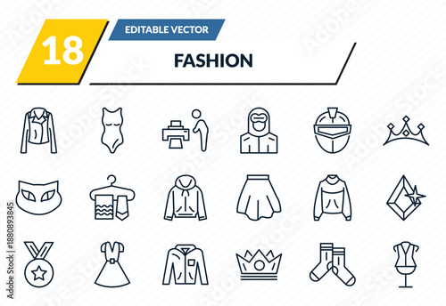 fashion icons set - leather jacket, swimwear, man printing, pair of socks, dressmaker outline vector collection.