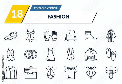 fashion icons set - men shoe, lingerine, pair of gloves, jewel, collar outline vector collection.