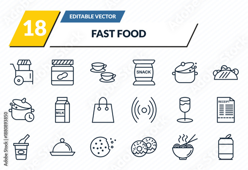 fast food icons set - street food, peanut butter, cups, noodles, can outline vector collection.