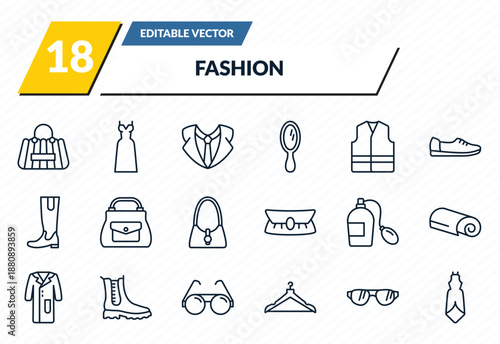 fashion icons set - fashion bag, elegante, suit with bow tie, eyewear, cloth outline vector collection.