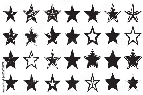 Black Grunge Star Icons Set with Distressed and Hand-Drawn Styles on White Background