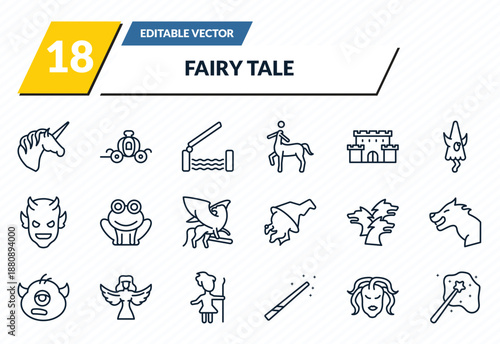 fairy tale icons set - unicorn, cinderella carriage, drawbridge, female medusa, enchantment outline vector collection.