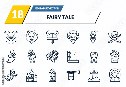 fairy tale icons set - cthulhu, beast, viking, excalibur, fairy godmother outline vector collection.