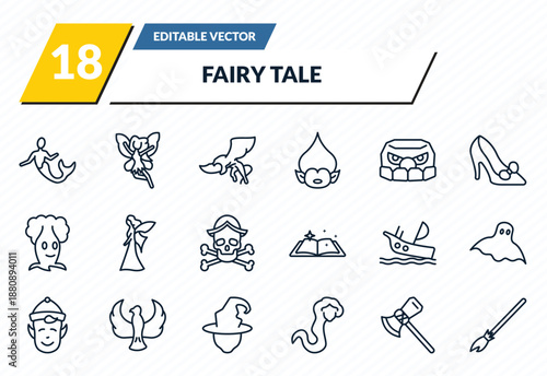 fairy tale icons set - merman, fairy, gryphon, thor, broomstick outline vector collection.