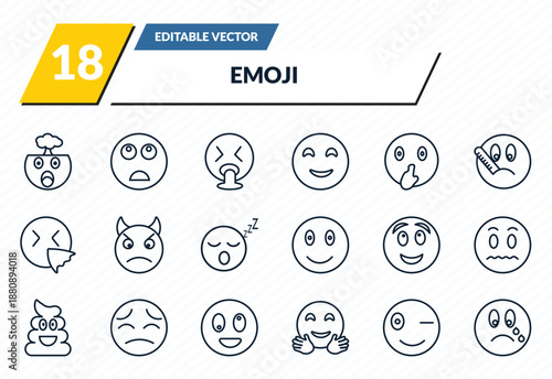 emoji icons set - exploding head emoji, bored emoji, puking wink cry outline vector collection.
