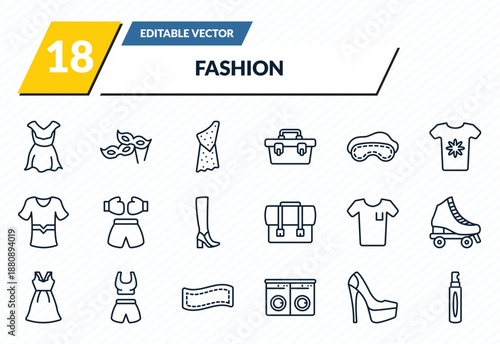 fashion icons set - hawaiian, two carnival masks, caveman, heel, spray bottle outline vector collection.