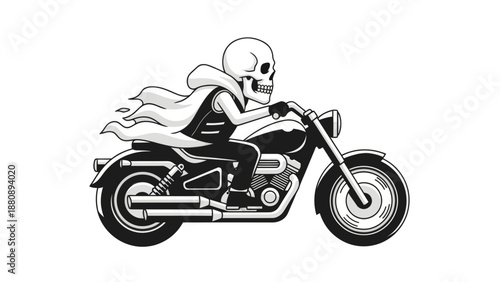 Skeleton biker vector illustration, flat design, for motorcycle club, halloween, death, vector graphic