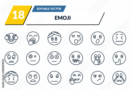 emoji icons set - shy emoji, yawning emoji, injured annoyed crying outline vector collection.