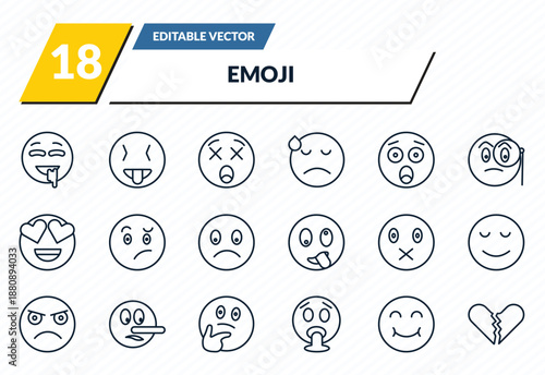 emoji icons set - drool emoji, tongue out emoji, dizzy smile broken heart outline vector collection.