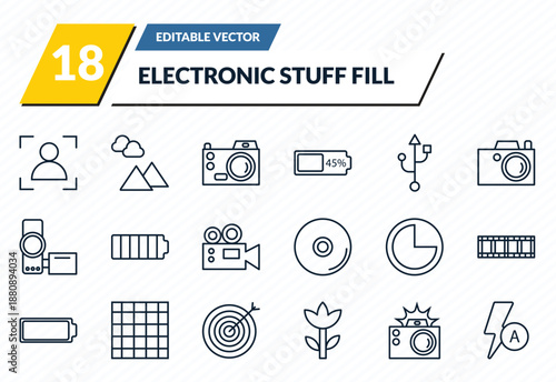electronic stuff fill icons set - portrait, landscape photo, digital camera, photo camera with flash, auto flash outline vector collection.