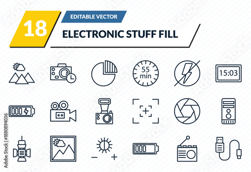 electronic stuff fill icons set - scenic, camera timer, quarter, radio, usb cable outline vector collection.