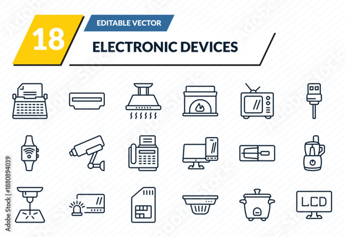 electronic devices icons set - typewriter, hdmi, exhaust hood, rice cooker, lcd outline vector collection.