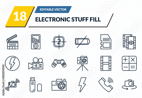 electronic stuff fill icons set - clapperboard, portable music player, video file list, phone receiver, flip camera outline vector collection.