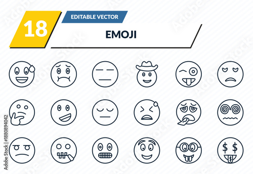emoji icons set - sweating emoji, nauseated emoji, expressionless nerd rich outline vector collection.