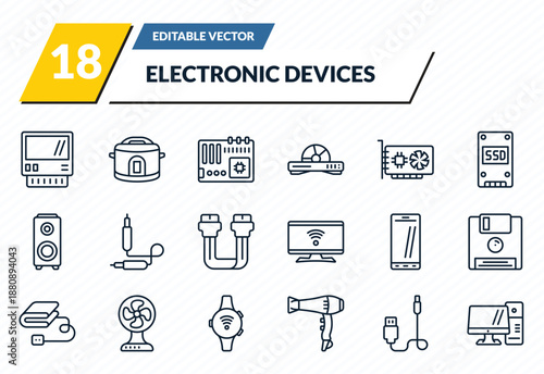 electronic devices icons set - lisa, crock-pot, motherboard, connector, personal computer outline vector collection.