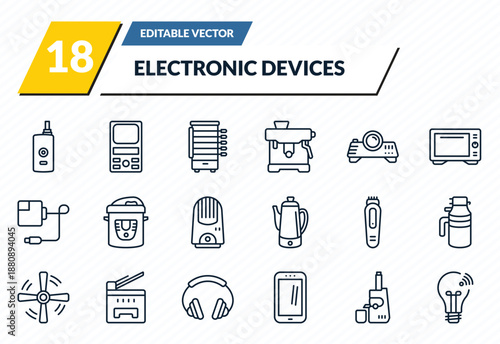 electronic devices icons set - vaporizer, weighing, rotisserie, cold-pressed juicer, smart light outline vector collection.