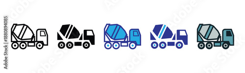 Vector illustration icon a set of colorful cement mixer truck icons in various colors and styles, including black, blue, and green