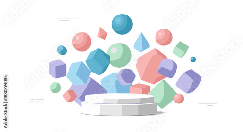 A vibrant collection of colorful geometric shapes, including cubes, spheres, and pyramids, dynamically floats around a central white podium, creating an abstract and engaging visual.