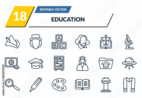 education icons set - robin hood, eugene onegin, abc, lectern, sash outline vector collection.