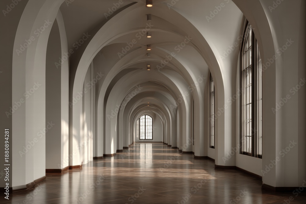 Fototapeta premium Architectural Elegance: A Grand Hallway with Arches and Light