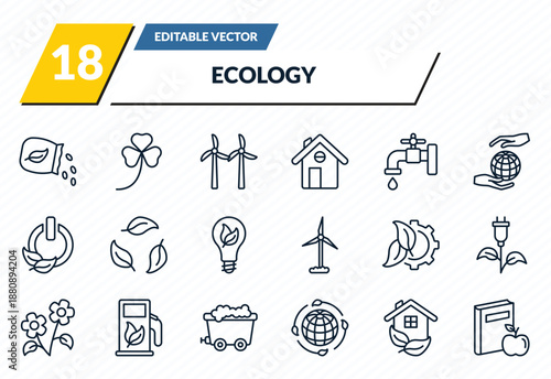 ecology icons set - seeds, shamrock, wind mill, ecological house, and books outline vector collection.