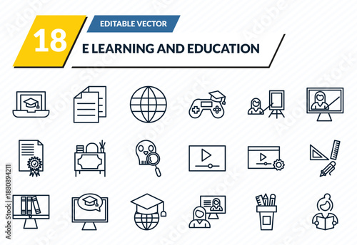 e learning and education icons set - online course, sheet, international, pencil box, studying outline vector collection.