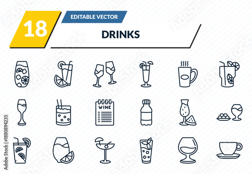drinks icons set - tom collins, greyhound drink, glasses with wine, armagnac, espresso outline vector collection.