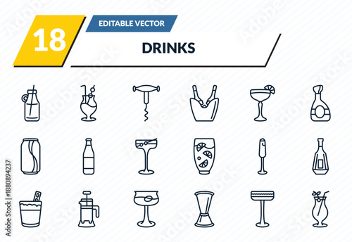 drinks icons set - smoothie, mai thai, sorkscrew, irish sour, tequila sunrise outline vector collection.