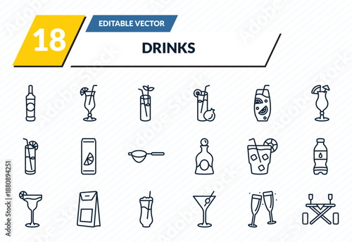 drinks icons set - vodka, tropical itch, bloody mary, toast, picnic table outline vector collection.