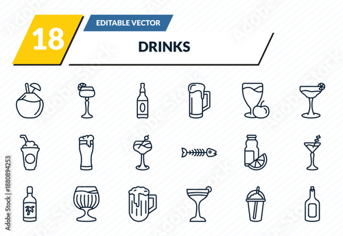 drinks icons set - coconut drink, sidecar drink, alcohol, coffee bean, rum outline vector collection.