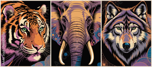 Bold triptych digital art featuring a tiger, elephant, and wolf with vibrant colors, abstract patterns, and a modern stylized aesthetic on dark backgrounds
